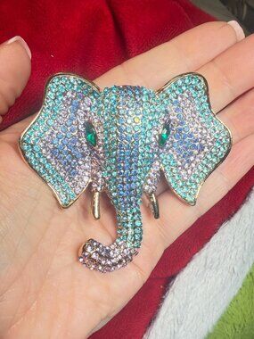Blue Rhinestone Elephant Brooch Modern Statement Pin 3 inches